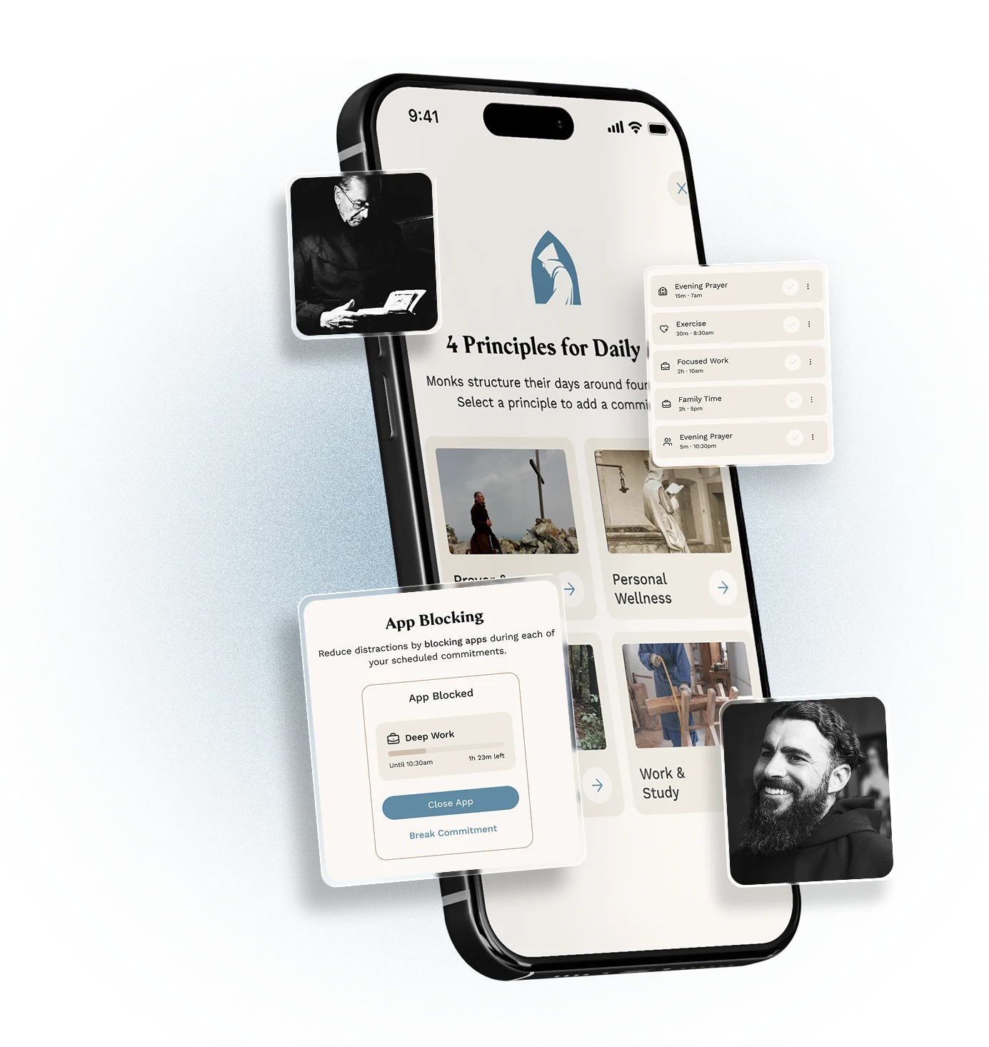 The Monk Mindset app showing a daily schedule, app blocking and the four principles.